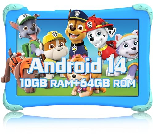 Fivahiva Tablet Android 14 de 10.1 pulgadas para niños, 8 núcleos, 10 GB de RAM, 64 GB de almacenamiento, WiFi, cámara dual, control parental, incluye funda, 2 años de garantía (azul)