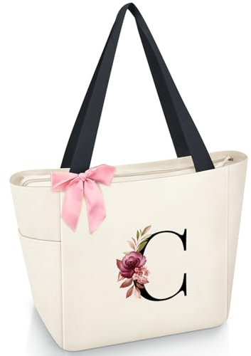 Vavabox Handtasche Damen A-Z Reißverschluss Schultertasche, Geschenke für Damen,Bräute und Brautjungfern, Arbeit,Reisen,Einkaufen,Schule (C, Beige)