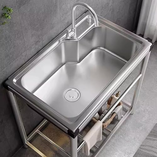 haiyusm Fregadero Multifuncional de Acero Inoxidable para Cocina y Jardín, Portátil y con Grifo - Ideal para Camping y Restaurante (55×40cm,Single cold tap)