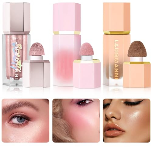 3 Pack Liquid Contour & Highlighter & Blush Makeup Set, Blush Cosmetics Stick, Highlighter Beauty Contour Stick, Weiches, leichtes, atmungsaktives Gefühl Eingebauter Schwamm Spitze