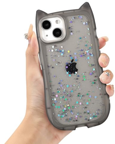 ZCDAYE for iPhone 14/13 Case, Cute Cat Ear Case, Glitter Bling Soft TPU Bumper Protective Phone Cover for iPhone 14/13 (6.1 inch), Black Clear