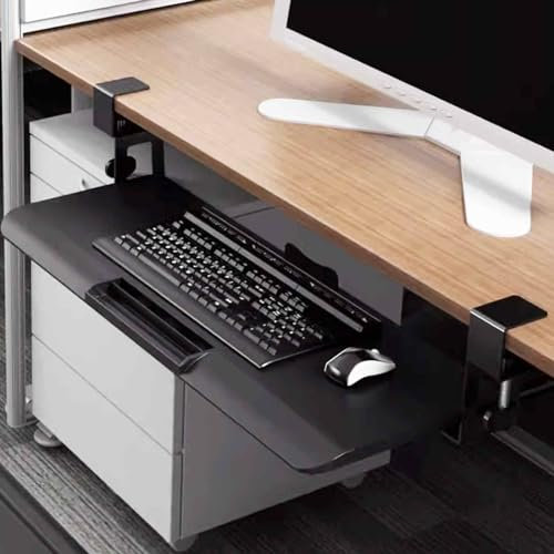 JXCCA Clip on Keyboard Tray Under Desk, with A Mobile Phone Card Slot, Keyboard Slide Out Tray, Clamp on Keyboard Tray Under Desk, Black