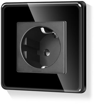 LIAONFOY Runde Schuko Einzelsteckdose mit Kindersicherung Glasrahmen Unterputz Steckdose Schwarz Wandsteckdose 110-250V 86mm