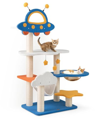 GYMAX Cat Tree, 124cm Tall Multi-level Cat Tower with Sisal Scratching Posts, Capsule Bed, Hammock, Dangling & Spring Toys, Space-Themed Cute Cat Furniture for Indoor Cats