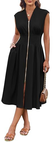 GRACE KARIN Women's Casual Dress with Pockets Zipper Front Dress for Vacation Wedding Work Office Black S