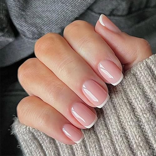 DMQ French Press on Nails Short, 24Pcs White Tip French False Nails, Nude Square Fake Nails Set with Glue, Full Cover Removeable Nail Tips for Women Girls DIY Nails Art