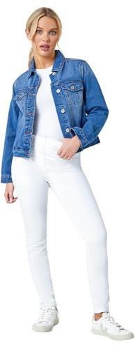 Roman Originals Jean Denim Jacket for Women UK Ladies 100% Cotton Summer Casual Stretch Crop Smart Utility Trucker Biker Fitted Vintage Wash Faded Classic Work Twill - Petite Blue - Size 14