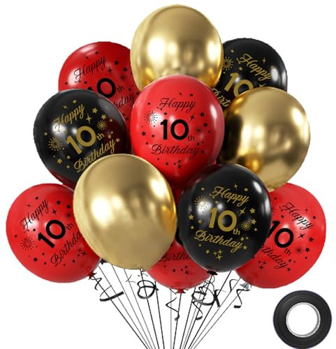 Luftballons 10 Geburtstag Junge Mädchen, 12 Stück Luftballons Schwarz Rote Deko 10.Geburtstag, 12 Zoll Happy Birthday Konfetti Balloons für Geburtstagsfeiern