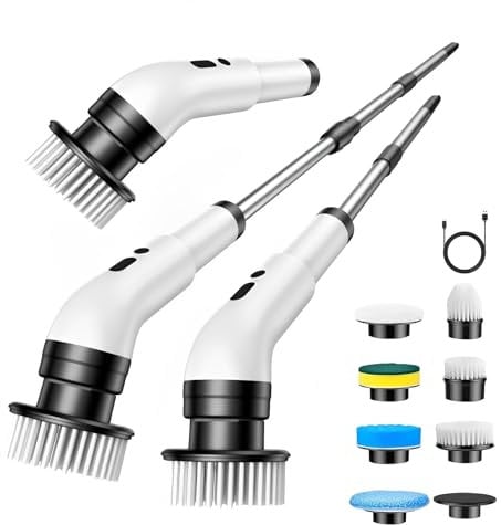 AHDXKUE Electric Spin Scrubber, IPX7 Waterproof Electric Cleaning Brush with Extension Handle and 7 Replaceable Brush Heads, Rechargeable Electric Scrubber for Bathroom, Sink, Shower, Kitchen, Floor