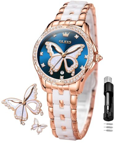 OLEVS Damenuhr Roségold Diamanten Elegante Quar Armbanduhr mit Edelstahl Keramik Zweifarb-Armband, 30 m wasserdicht & Leuchtzeigern – Modische Damenuhren für Beruf, Abendmode Geschenkanlässe
