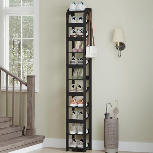 Hzuaneri Vertikales Schuhregal, 11 Ebenen Schmale Schuhregale, Holz-Schuh-Organizer für Schrank, Eingang, Schuhturm für Kleine Räume, Freistehend, Verstellbar, mit Haken, Schwarz SR12406X
