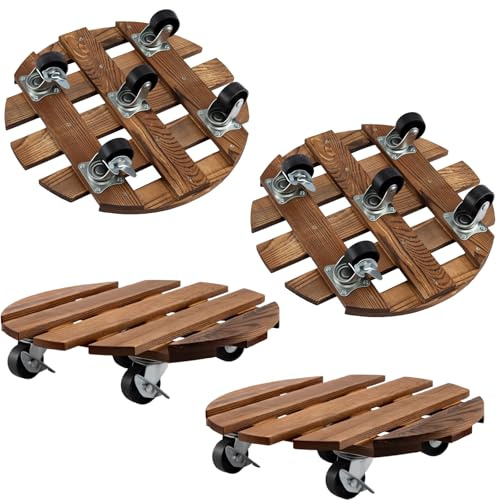 M.J COMFY-LIFE Potted Plant Stand with Wheels 12″ Round Plant Caddy Wood Potted Trolley Movable Plant Dolly Heavy-Duty Plant Stands for Indoor Outdoor Use Plant Movers for Patio Garden Home (4 pack)