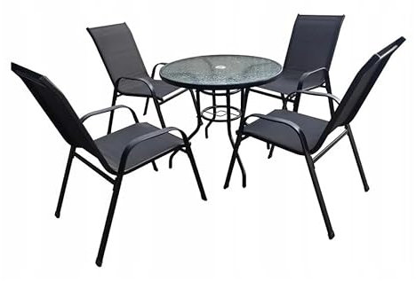 BDW Gartenmöbel-Set mit Glastisch 80 cm und 4 Stühlen, Schwarz, für Balkon und Terrasse