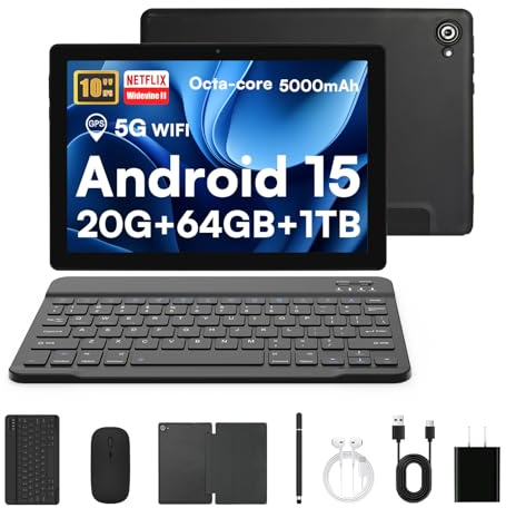 Laptok Tablet, Android 15 Tablet 10 Pollici Con Tastiera, 20GB+64GB+1TB, Octa-Core, Face ID, Tablet PC Con WIFI 5G, Bluetooth 5.4, Widevine L1, 5MP+8MP, 1280 * 800 HD, 5000mAh,2 Anni Garanzia(Nero)