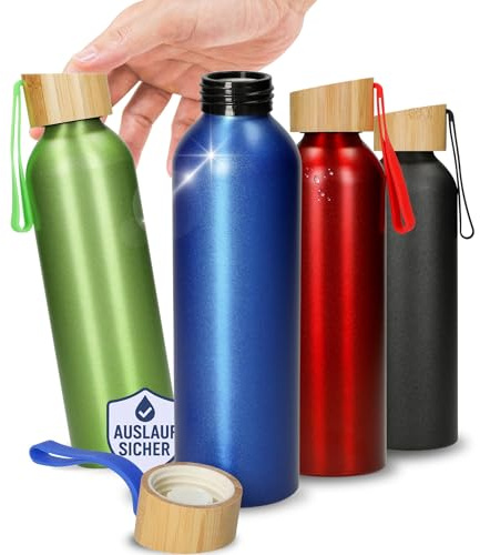 Trinkflasche auslaufsicher 600 ml - ultraleichte Wasserflasche für kohlensäurehaltige Getränke - BPA-frei & bruchsicher - Sportflasche mit Silikonstrap für Kinder & Erwachsene, Farbe:blau/natur