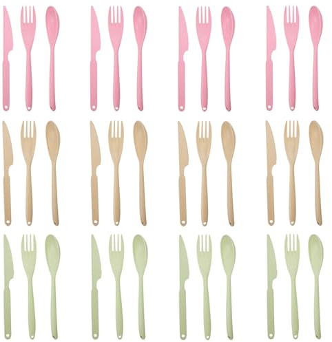 DIYJEP Großes Besteck Set für 12 Personen, 36 Stück wiederverwendbares Plastikbesteck mit Messern Gabeln und Löffeln, Spülmaschinenfest Tragbares Camping Besteckset für Outdoor (Rosa, Grün, Beige)