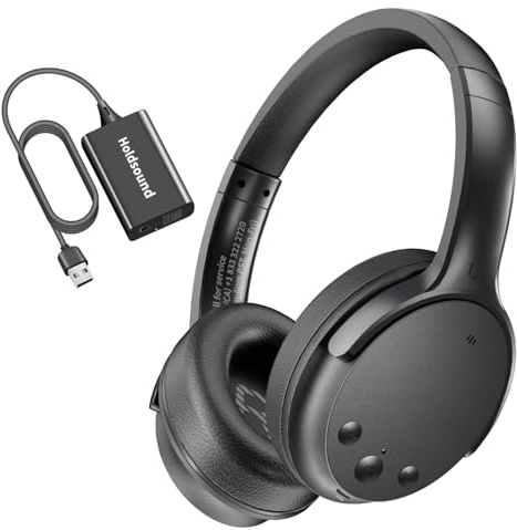 Holdsound Casque TV sans Fil, émetteur USB câble Extension, 25h autonomie, zéro délai Audio-vidéo, Plug-and-Play, Connexion Simple, Confortable, idéal comme Cadeau pour Personnes âgées. (Black)