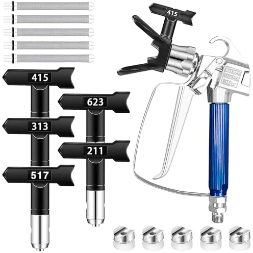 12 Stück Airless Farbspritzpistolen-Set, Airless Pistole 3600 PSI Hochdruck mit Düsenhalter,Spritzdüsen und Filtern für Airless Farbsprühsysteme (211,313,415,517,623)