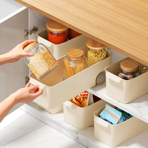 HQahnekme 5PCS Caja Organizadora con ruedas, Cestas Almacenaje Cocina 31x10x9cm,multifuncional Cesta Plastico,Cestas Organizadoras de baño/cocina,etc. (Offwhite-Small5)