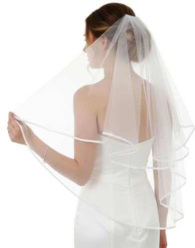 TIESOME Hochzeit Brautschleier, Schleier Kurz Elegent Braut Bridal Tüll mit Kamm Schleier Braut Ribbon Edge Brautschleier für JGA Junggesellinnenabschied Hochzeit Hen Party