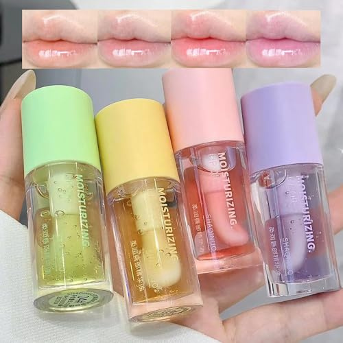 4 Pcs Hydrating Lip Gloss Oil Set, Tinted Lip Glow Oil, Fruity Plumping Lip Oil Non-Sticky & Glossy Finish, Jelly Lip Make-Up for girls and Teens, Party Gift