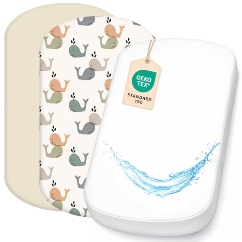 Lovely Hippo 2X Spannbettlaken 100% Baumwolle + 1X Matratzenschoner 100% wasserdichtem Material - Set 3X - Kompatibel Kinderkraft, Beistellbett (Walbabys, 43 x 83 cm)