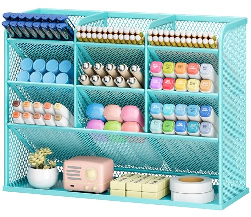 VITVITI Schreibtisch Organizer, 9 Fächer Stiftehalter, Netz Stifte Regal aus Metall, Stiftehalter Schreibtisch für Schule Heim Büro (Blau)