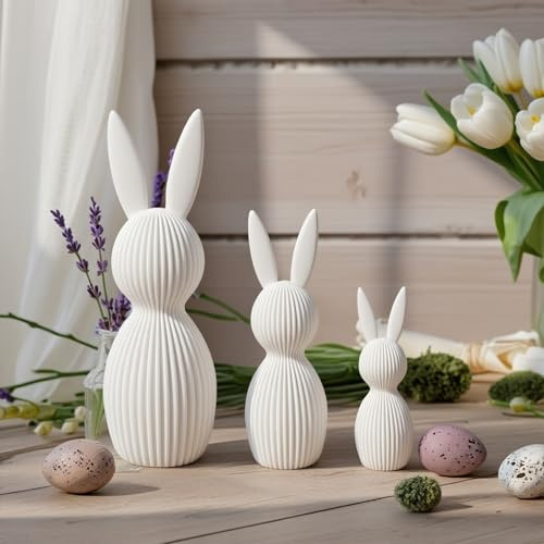 Kashyke 3D Druck Osterhase Figur Modern Osterdeko Hasen Deko Frühlingsdeko, Tolle Osterfiguren, Hasenfiguren, Dekofigur, Osterdeko Tisch, Dekoration für Ostern (3pcs - Weiß)