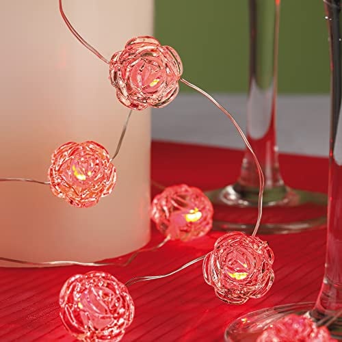 hellum LED Lichterkette,Rosen, 20 rote LEDs, 190 cm Lichtlänge, transparentes Kabel, Indoor, batteriebetrieben (3AA), 300192