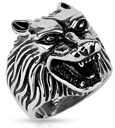BlackAmazement 316L Edelstahl Biker Ring Wolf Wolfskop Head Silber Schwarz Herren (63 (20.1))
