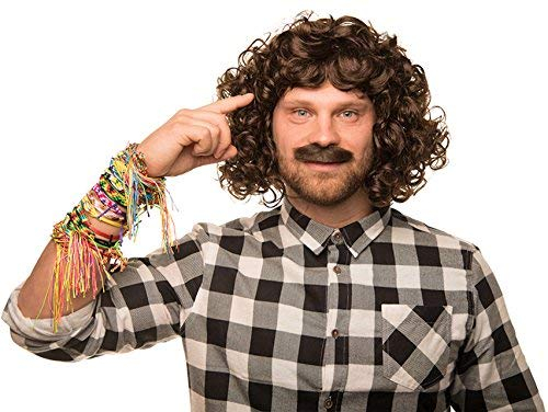 Wolle Wolfgang Perücke im Set mit Bart und Freundschaftsbändern - absolut authentische Schlagerstar Perücke in braun