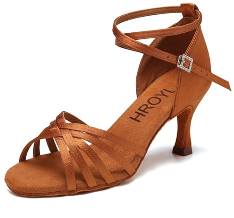 HROYL Scarpe da Ballo Latino Americano Donna in Raso Professionali Scarpe Ballo Salsa e Bachata da Sala,EM213-Marrone-7, EU 36