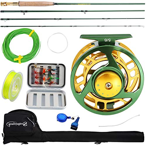 Sougayilang Fliegenfischen-Angelrolle Combos mit Leichter, tragbarer Fliegenrute und Fliegenrolle, Fliegenfischen Komplettpaket (grün)