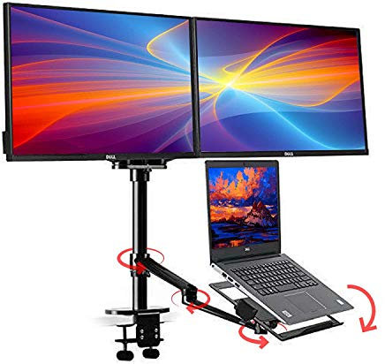 Height Adjustable 3 in 1 Laptop Monitor Stand Compatible with 13 to 17.3 inch Laptop, Hold 2 Monitors 11 to 27 inch with Vesa, Monitor Desk Stand arm Riser Mount Stand Workstation (Black)