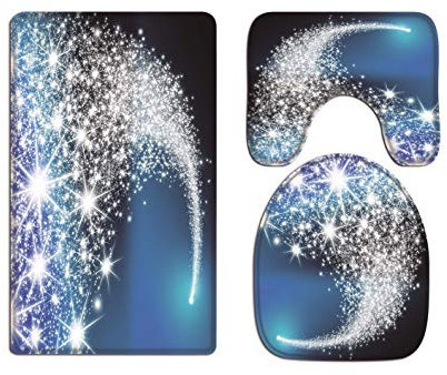 A.Monamour Badezimmer Badematte 3 Teilig Set Funkelnde Sterne Hinter Blauen Kunstdekoren Der Abstrakten Kunst des Hintergrundes Flanell Saugfähig Badteppiche Badvorleger Badgarnitur WC Vorleger