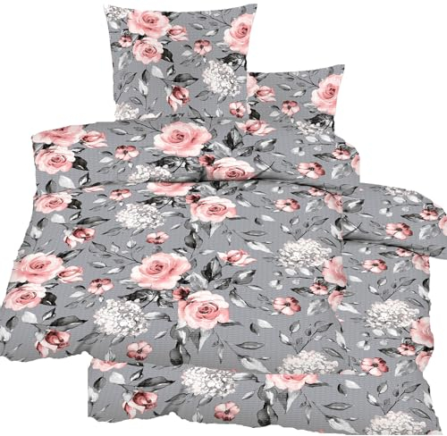 KH-Haushaltshandel 4-TLG. Seersucker Bettwäsche 2X (135x200 +80x80cm), grau, mit Rosen Blüten, bügelfrei, Microfaser (60361)