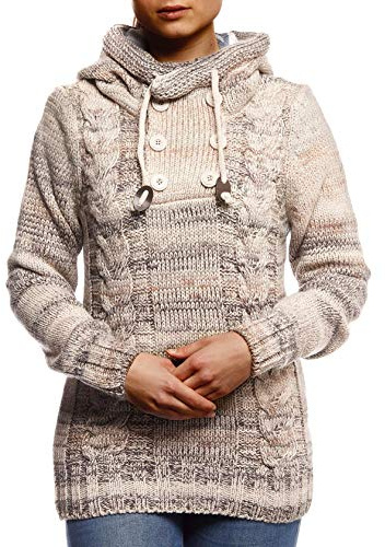 Leif Nelson Damen Pullover mit Kapuze Slim Fit Longseleeve Schwarzer Strickpullover Sweatshirt Winterpullover Kapuzenpullover Hoodie Pulli LN20227D Beige Large