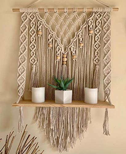 KGBFDX Böhmische Hölzerne Handgemachte Makramee Wand Hängen Seil Regal Tapisserie Wohnkultur Hängende Pflanzer Schwimmende Regal Home Storage Organizer 40 × 60 cm