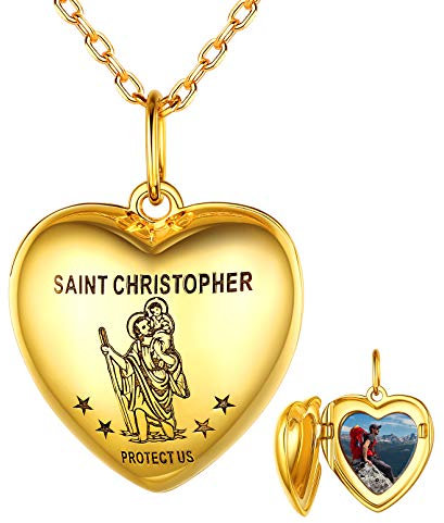 St Christopher Necklace Women Gold Sterling Silver Photo Locket Personalised Heart Pendant Gifts for Girls Mum Daughter Nanna