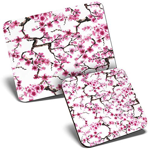Mouse Mat & Coaster Set - Pretty Cherry Blossom Tree Pink Flower 23.5 x 19.6 cm & 9 x 9 cm for Computer & Laptop, Office, Gift, Non-slip Base #8719