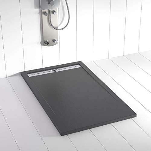Shower Online Plato de ducha Resina FLOW - 80x200 - Textura Pizarra - Antideslizante - Todas las medidas disponibles - Incluye Rejilla Inox y Sifón - Antracita RAL 7011