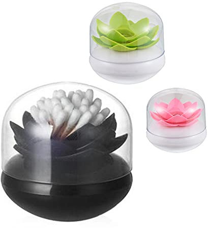 Chemlliy Confezione da 3 organizer per cotton fioc a forma di fiore di loto, porta cotton fioc Q-Tips, porta stuzzicadenti (nero, verde, rosa)