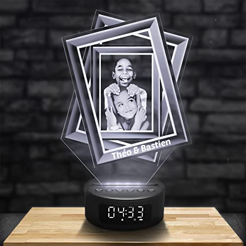 Lámpara personalizada con despertador y altavoz Bluetooth, Lámpara 3D foto y texto personalizable, Grabado láser en plexiglás,Idea regalo foto Navidad,Cumpleaños,Día de la Madre (3 Marcos)