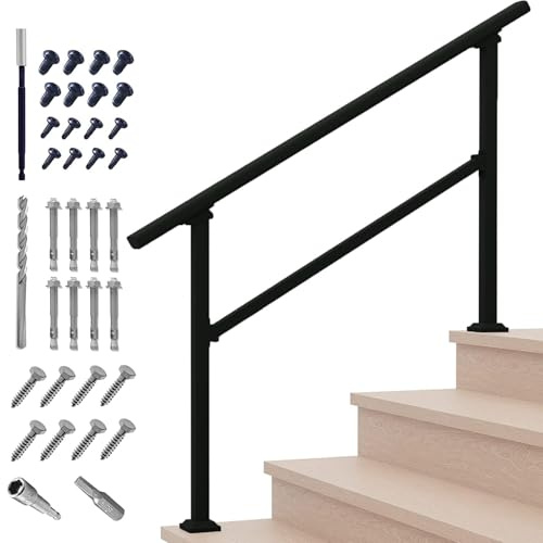 Metty Metal Handrails for Outdoor Steps,1-4 Step Stair Handrail & Indoor Stair Railing Kit，Black Railings for Outdoor Steps and Hand Rails for Seniors for Porch