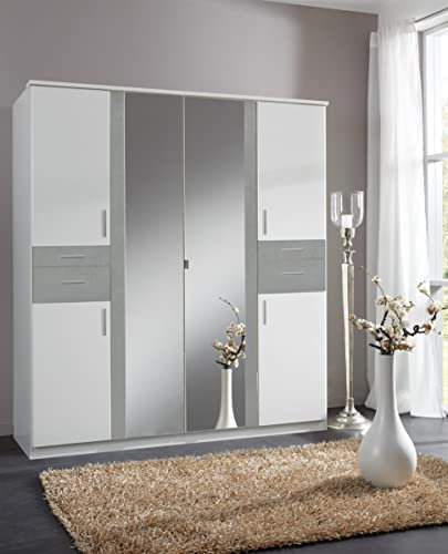 möbelando Kleiderschrank Holzschrank Drehtürenschrank Schlafzimmer Schrank Kalindi IV Weiß/Beton lichtgrau