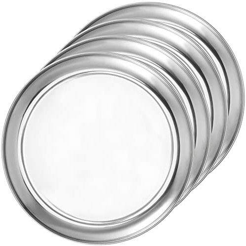 JOIKIT 4 Pack 10 Inch Silver Stainless Steel Plate, Round Metal Dinner Plates, Kitchenware Dinner Dishes Serving Tray Large Camping Plates for BBQ, Snack, Food Serving, Dishwasher Safe