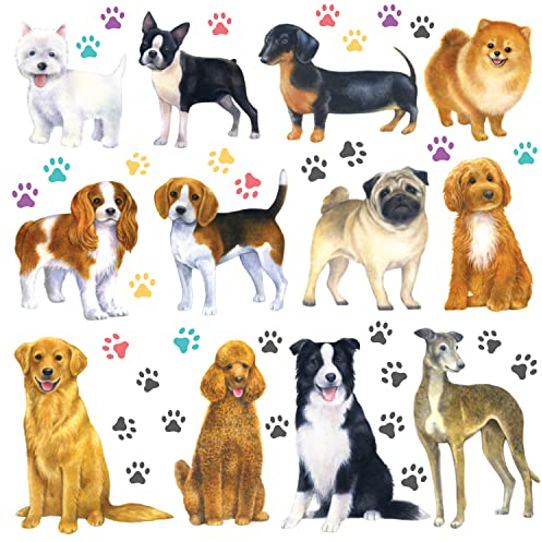DECOWALL DS-8045 Wandaufkleber mit 12 Hunden, Pfotenabdruck, für Kinderzimmer, Schlafzimmer, Wohnzimmer, Kunst