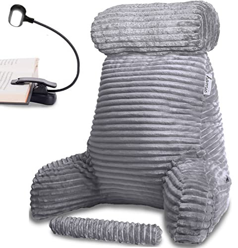 Homie Reading Pillow with Reading Light and Wrist Support, Has Arm Rests, and Back Support for Bed Rest, Lounging, Reading, Working on Laptop, Watching TV (Large, Gray)