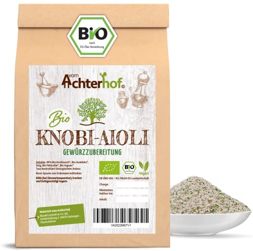 Knobi-Aioli Gewürzzubereitung Bio 100g | mit Knoblauch, Zwiebeln, Salz, Petersilie und Ingwer | Bio-Qualität | ideal Quark, Mayonnaise, Frischkäse Joghurt oder Kräuterbutter | vom Achterhof