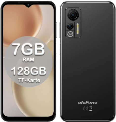 Ulefone Handy ohne Vertrag Günstig, Note 14 Smartphone 4G Android 12 Quad-core 16GB ROM 128GB Erweiterbar 4500mAh mit 8MP Kamera 6,52 Zoll 3 Slots/Face ID/GPS/WiFi/FM/Große Schrift Dual SIM Schwarz